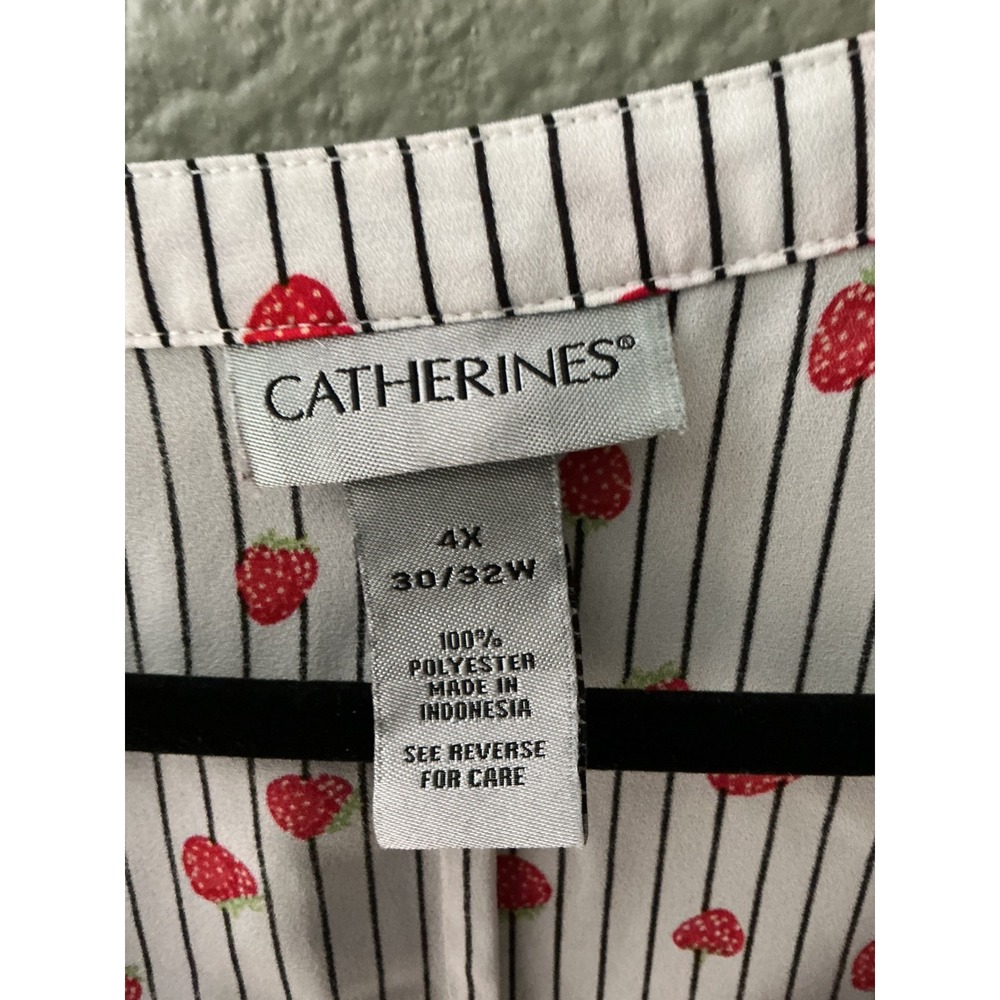 Catherines Strawberry Stripe Button Down Blouse Women 4X 30/32W Red Black White - Picture 3 of 6